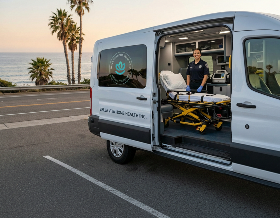 Medical transport van with stretcher and caregiver by the coast.